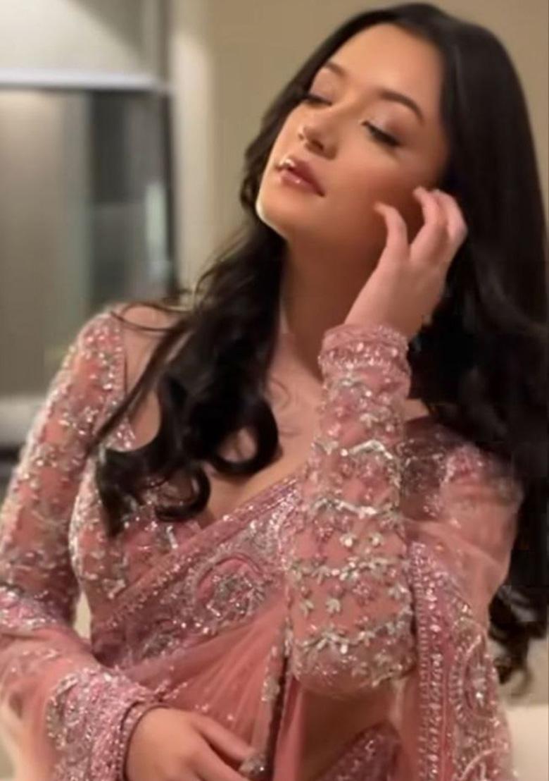 Peach Embroidered Net Saree - Indya