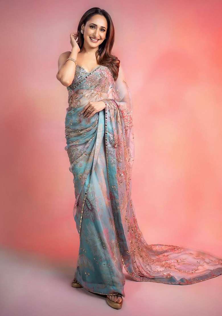 Sky Blue Sequins Silk Blend Saree for Diwali and Festive Wear - Indya