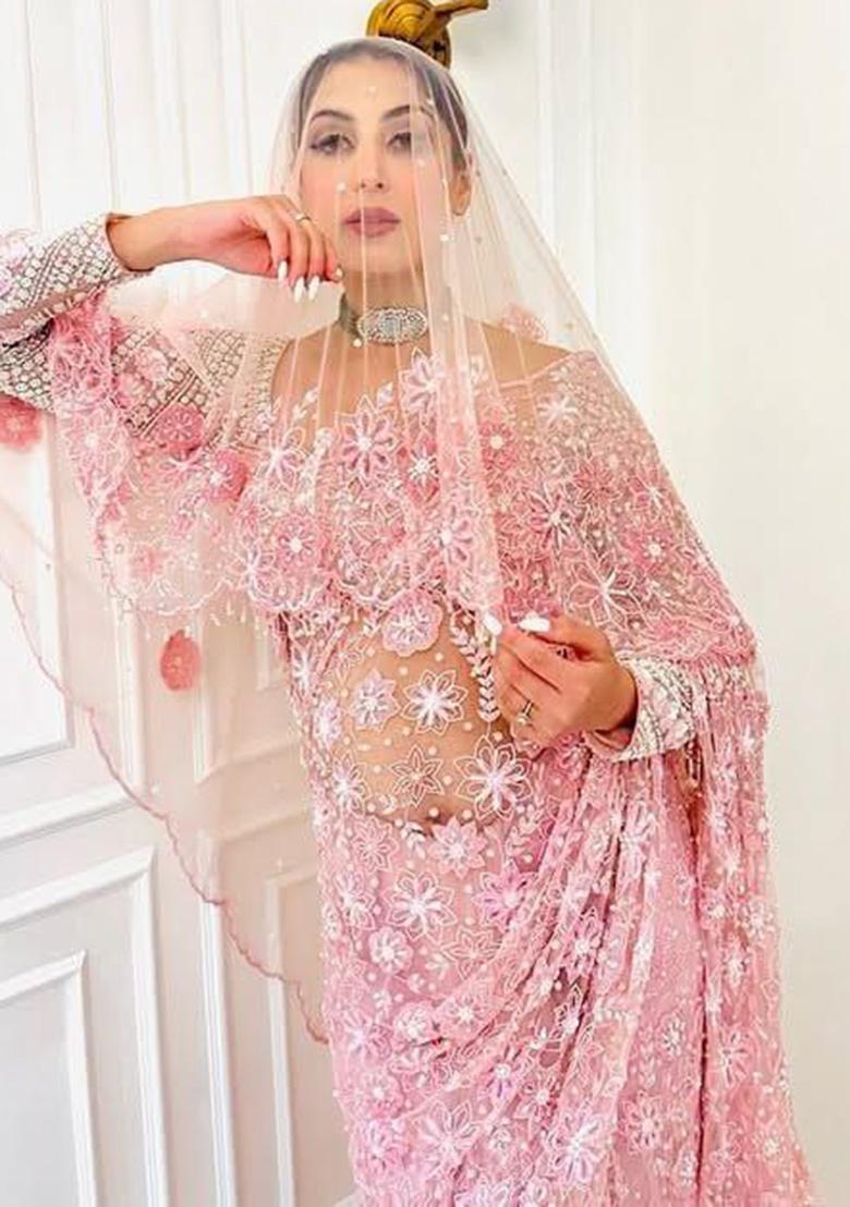 Baby Pink Embroidered Net Saree - Indya