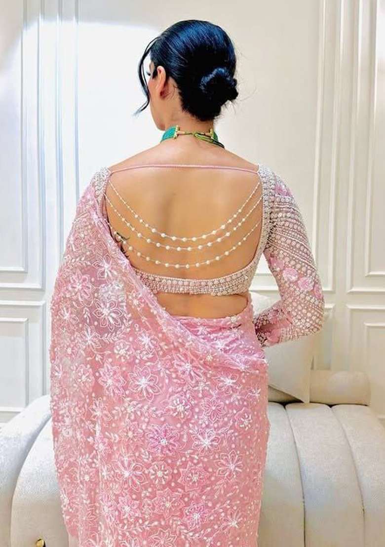 Baby Pink Net Saree with Embroidered for Diwali | Wedding & Festive Wear - Indya