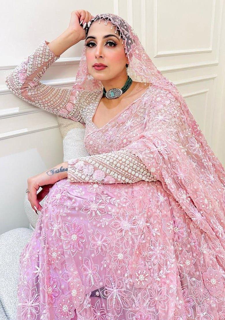 Baby Pink Embroidered Net Saree - Indya