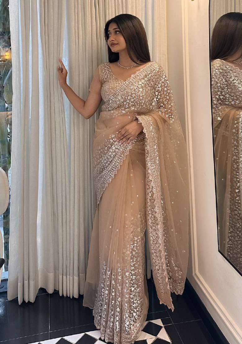 Golden Embroidered Net Saree for Diwali and Festive Wear - Indya