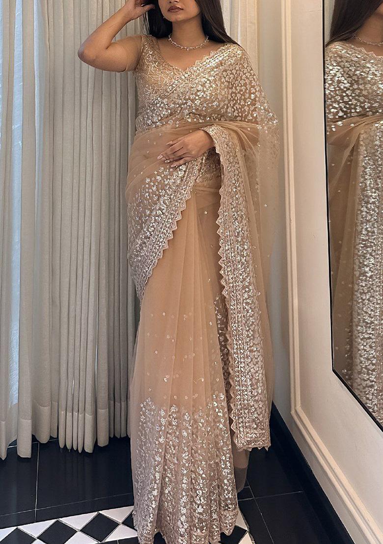 Golden Embroidered Net Saree - Indya