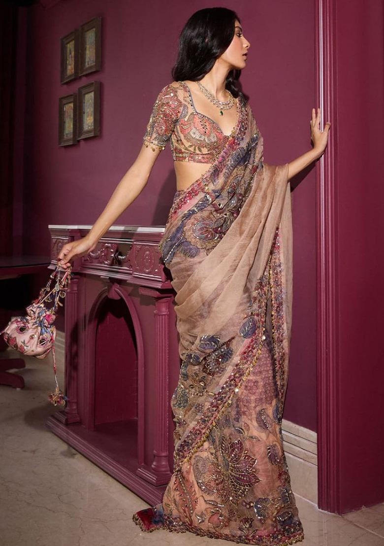 Peach Embroidered Georgette Saree - Indya