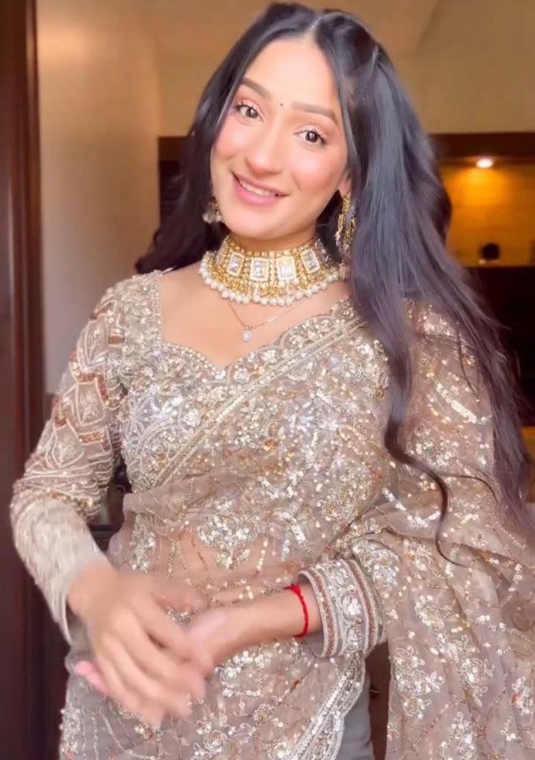 Golden Embroidered Net Saree - Indya