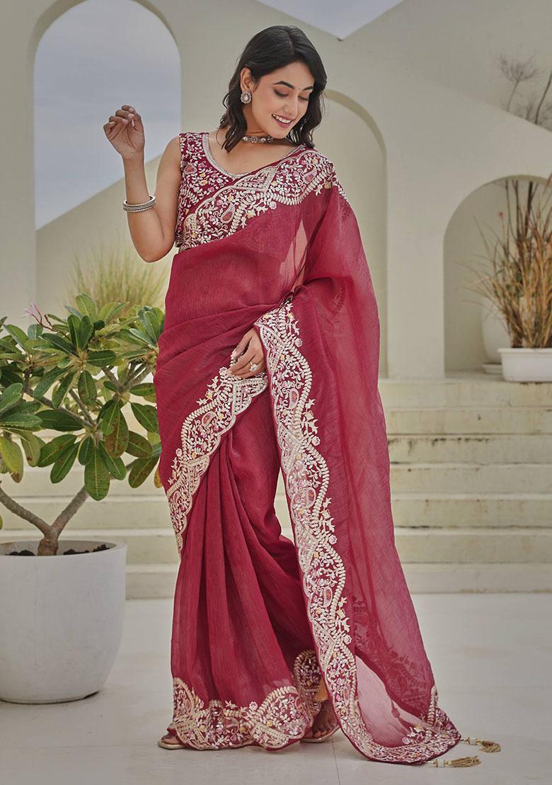 Maroon Embroidered Crunchy Saree - Indya