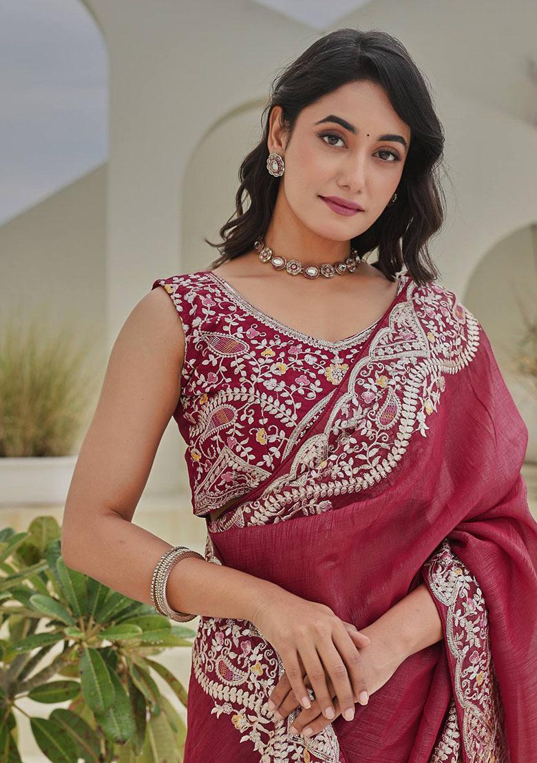Maroon Embroidered Crunchy Saree - Indya