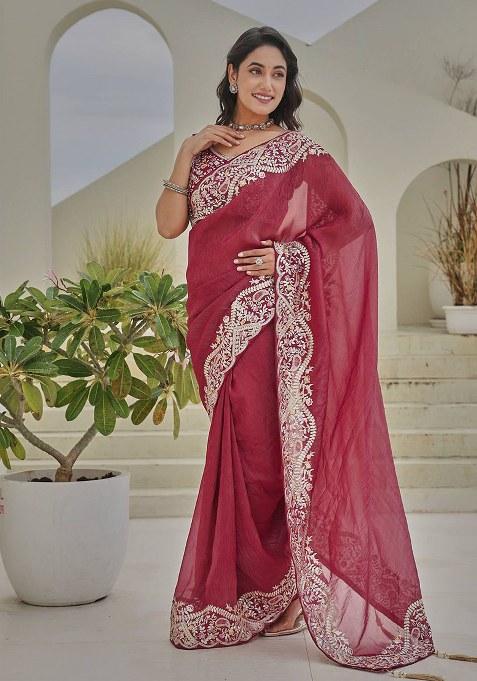 Maroon Embroidered Crunchy Saree