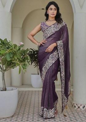 Purple Embroidered Crunchy Saree