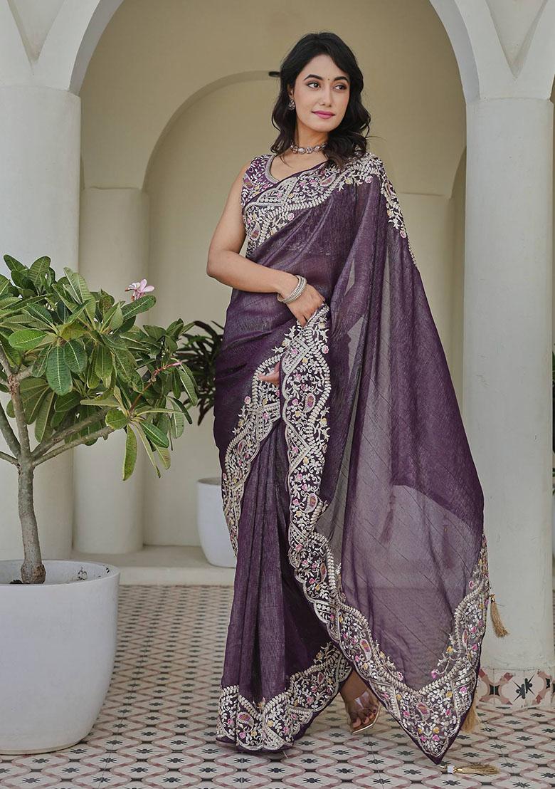Purple Embroidered Crunchy Saree - Indya
