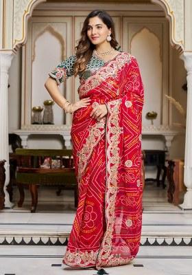 Red Gota Pati Work Bandhrej Saree