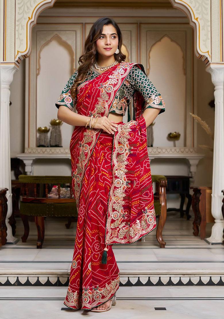 Red Gota Pati Work Bandhrej Saree - Indya