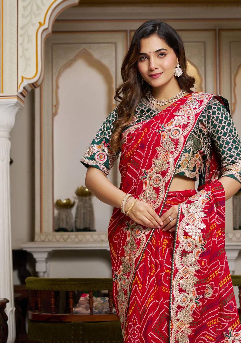 Red Gota Pati Work Bandhrej Saree - Indya