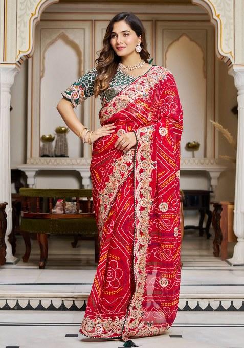 Red Gota Pati Work Bandhrej Saree