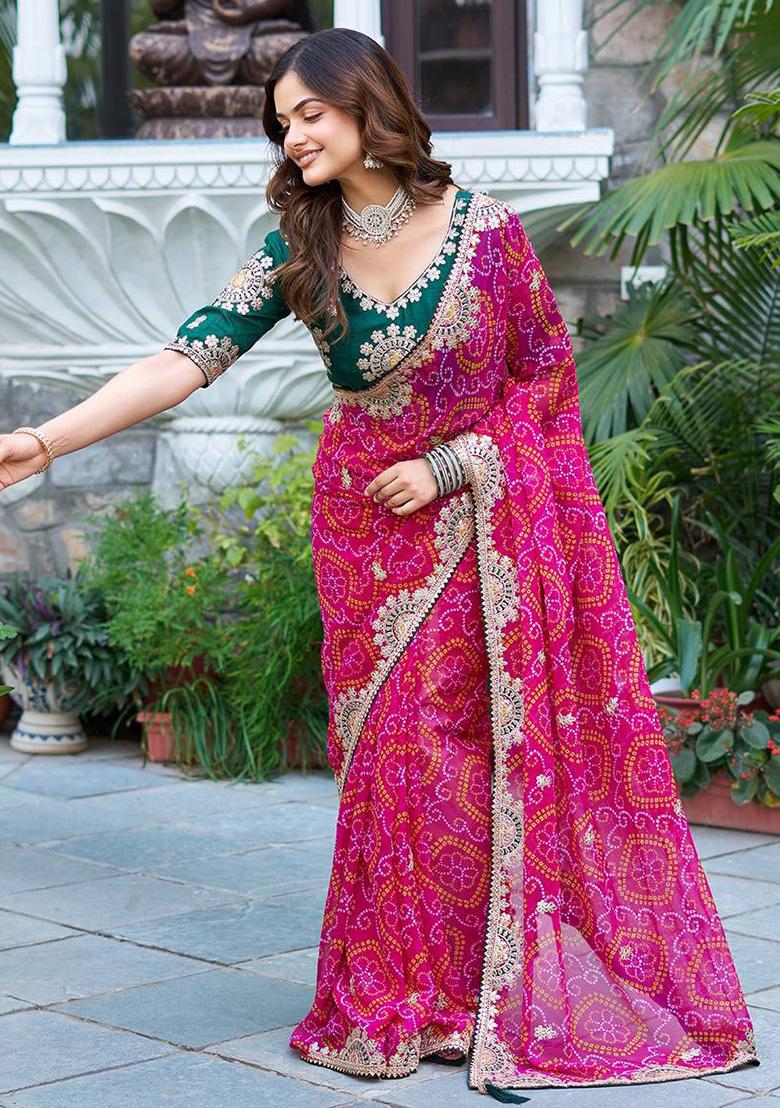 Pink Gota Pati Work Bandhrej Saree - Indya