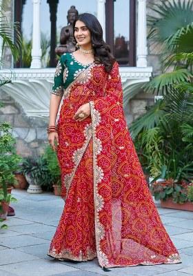 Red Gota Pati Work Bandhrej Saree