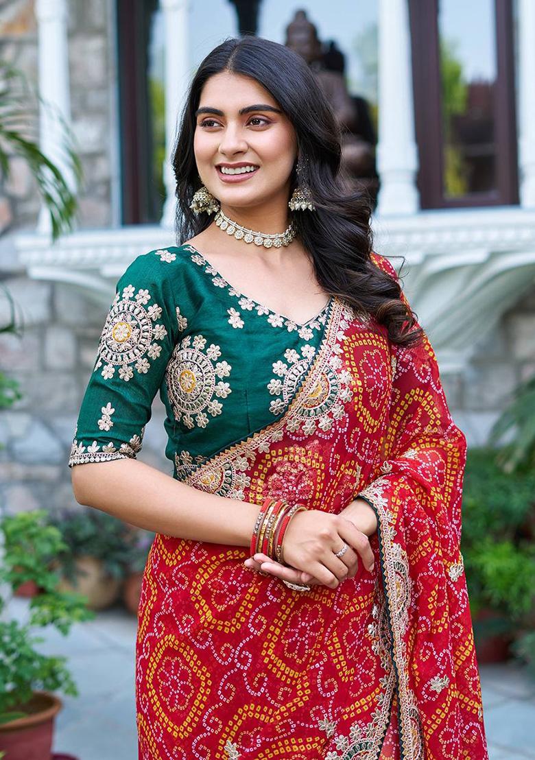 Red Gota Pati Work Bandhrej Saree - Indya