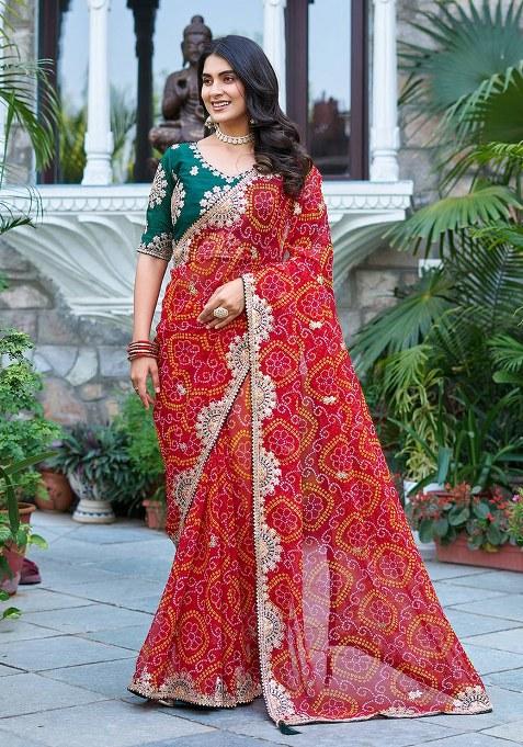 Red Gota Pati Work Bandhrej Saree