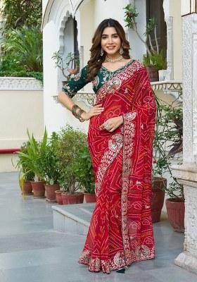 Red Gota Pati Work Bandhrej Saree