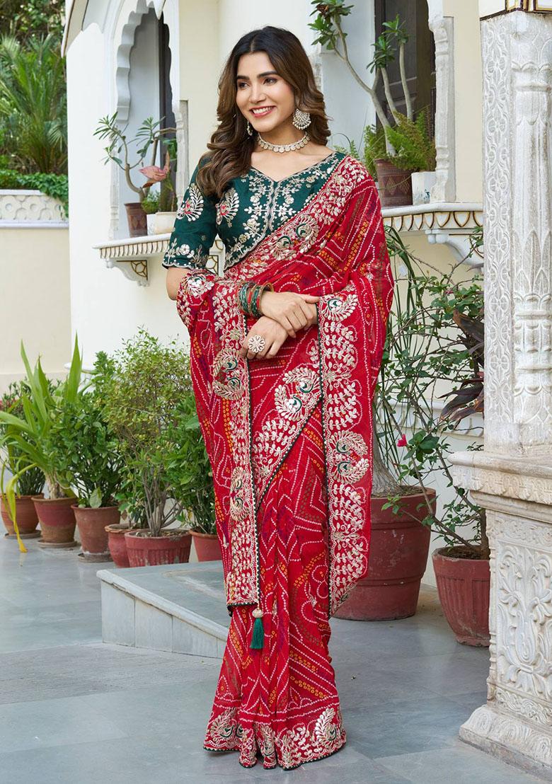 Red Gota Pati Work Bandhrej Saree - Indya