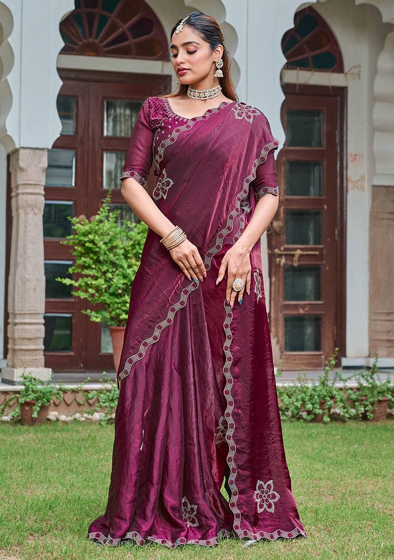 Wine Diamond Work Silk Saree - Indya