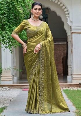 Mehendi Diamond Work Silk Saree