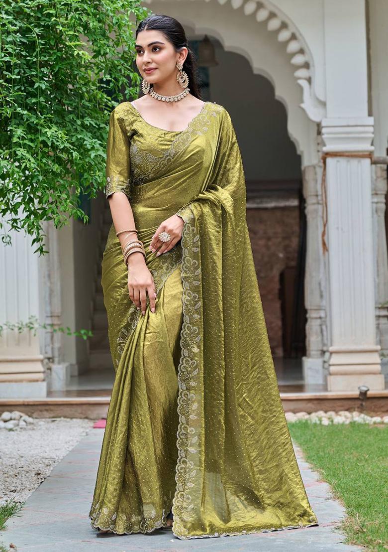 Mehendi Diamond Work Silk Saree - Indya