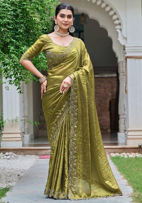 Mehendi Diamond Work Silk Saree