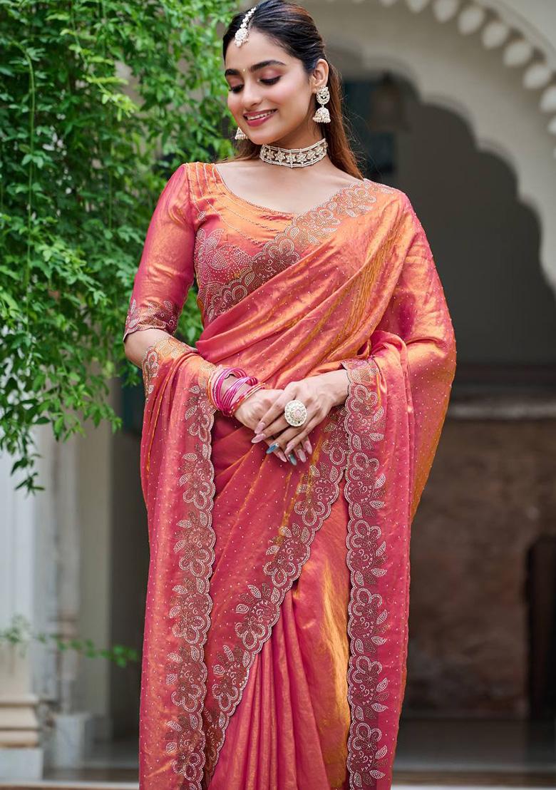 Peach Diamond Work Silk Saree - Indya