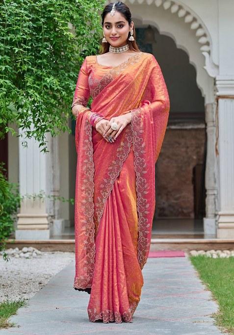 Peach Diamond Work Silk Saree