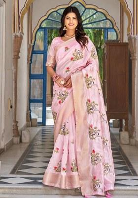 Baby Pink Embroidered Kota Crishtal Saree