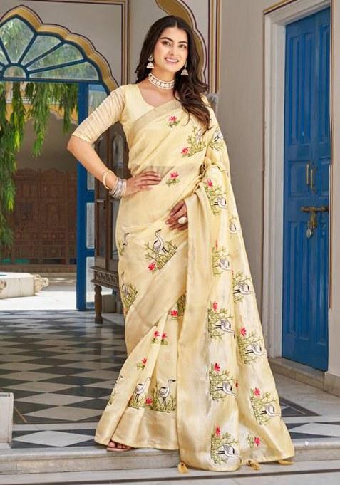 Cream Embroidered Kota Crishtal Saree
