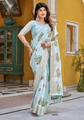 Sky Blue Embroidered Kota Crishtal Saree