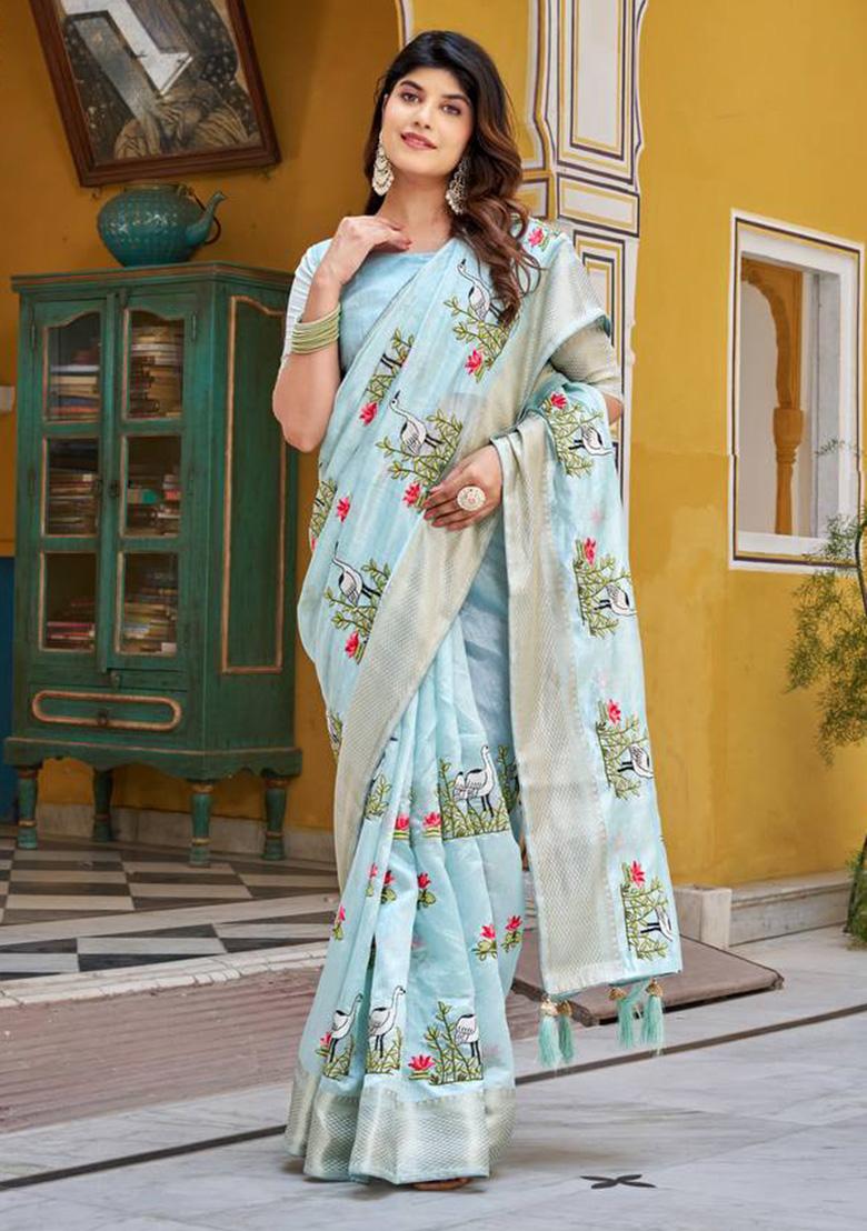 Sky Blue Embroidered Kota Crishtal Saree - Indya