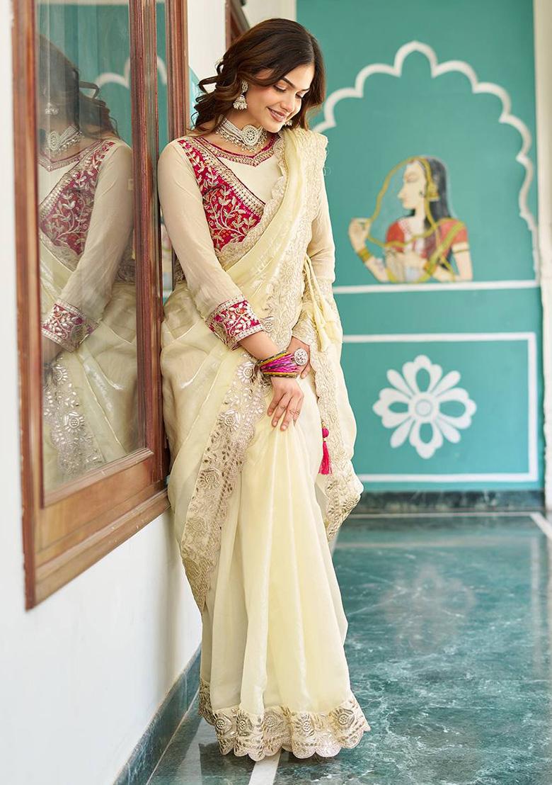 Pink Gota Pati Work Silk Saree - Indya