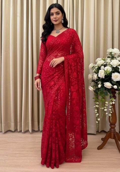 Red Embroidered Georgette Saree