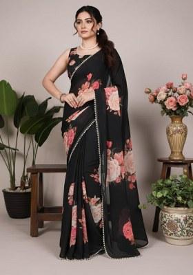 Black Printed Georgette Saree