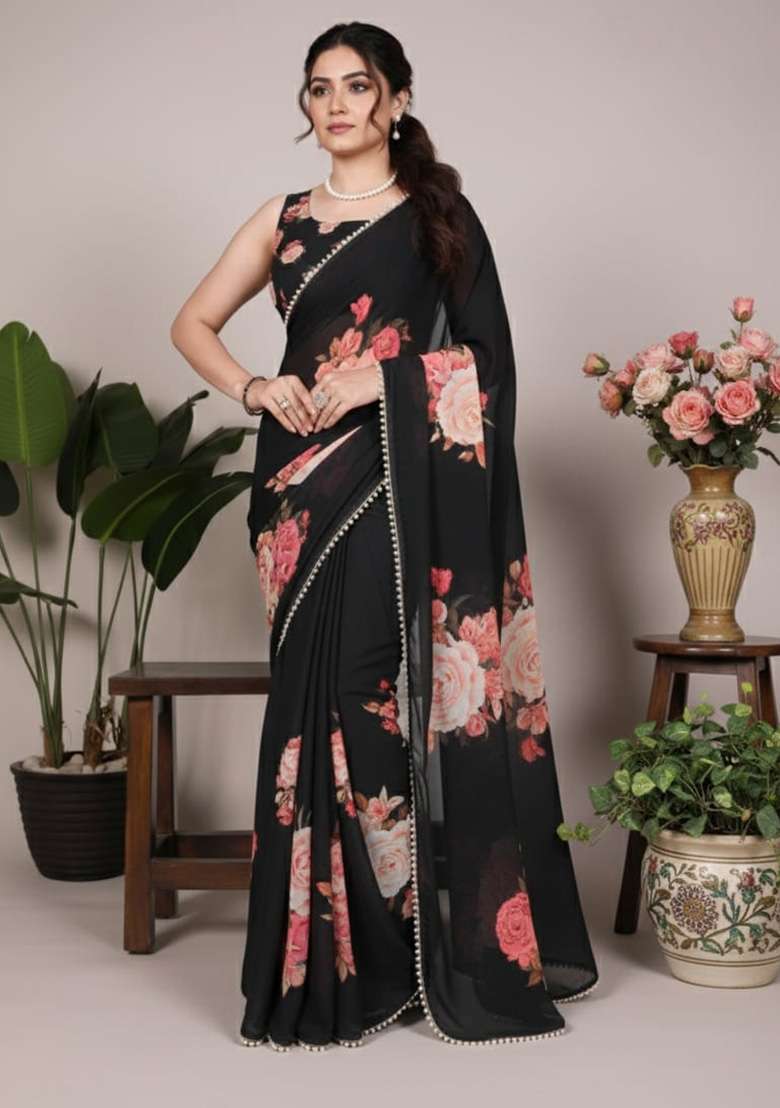 Black Printed Georgette Saree for Diwali and Festive Wear - Indya