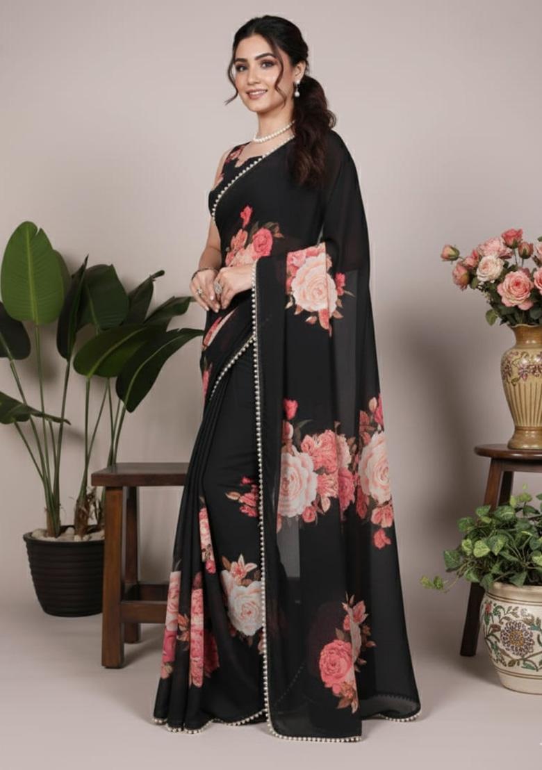 Black Printed Georgette Saree - Indya