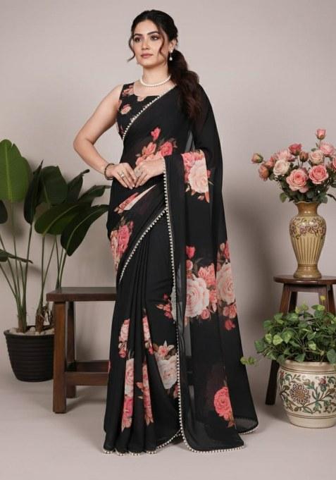 Black Printed Georgette Saree