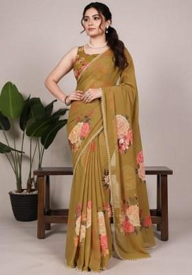 Brown Printed Georgette Saree