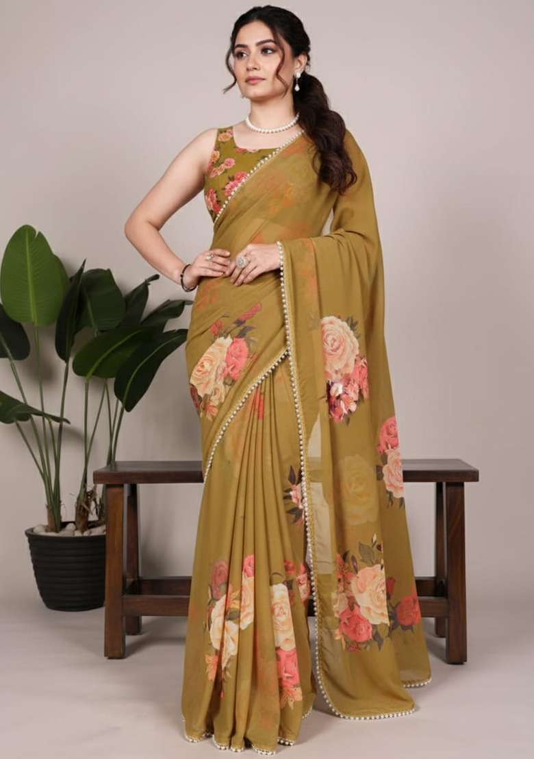 Brown Georgette Saree with Printed for Diwali | Wedding & Festive Wear - Indya