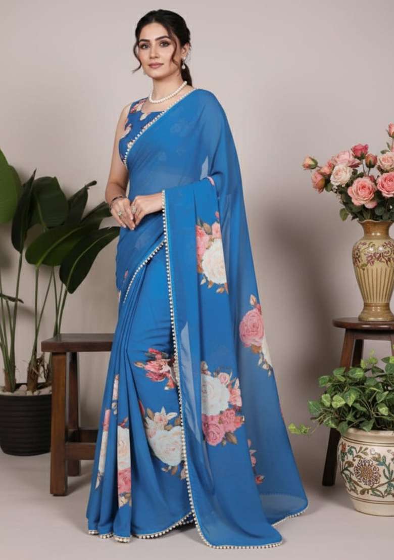 Firozi Georgette Saree with Printed for Diwali | Wedding & Festive Wear - Indya