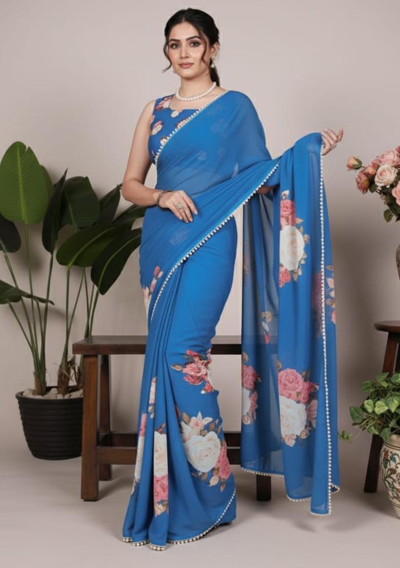 Firozi Printed Georgette Saree - Indya
