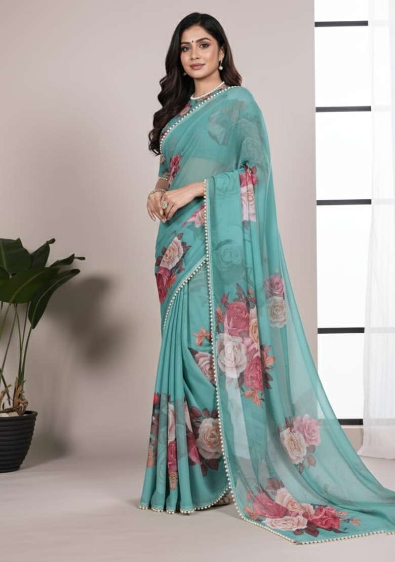 Green Printed Georgette Saree for Diwali and Festive Wear - Indya