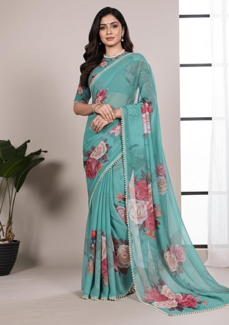 Green Printed Georgette Saree - Indya