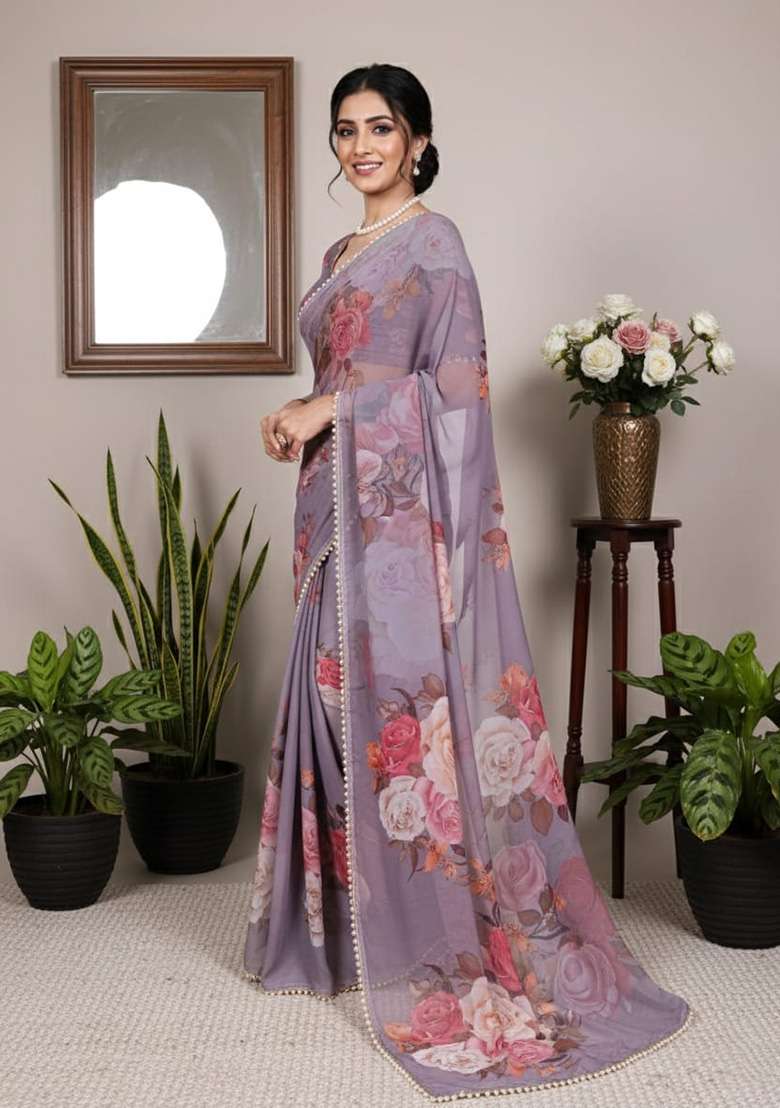 Grey Printed Georgette Saree for Diwali and Festive Wear - Indya