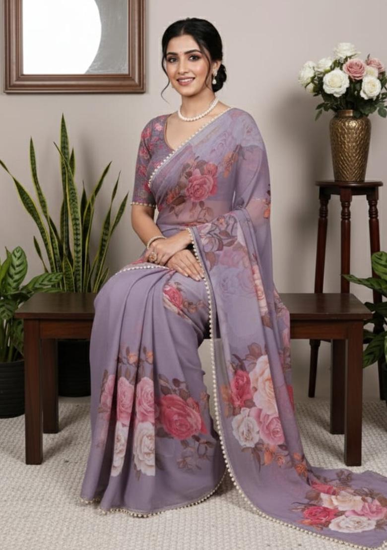 Grey Printed Georgette Saree - Indya
