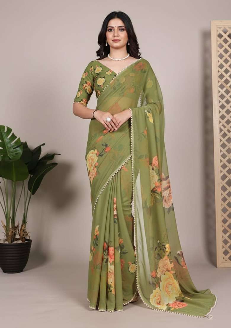 Mehendi Printed Georgette Saree for Diwali and Festive Wear - Indya