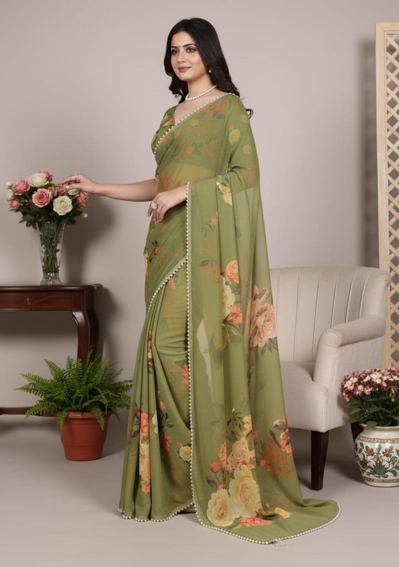 Mehendi Printed Georgette Saree - Indya